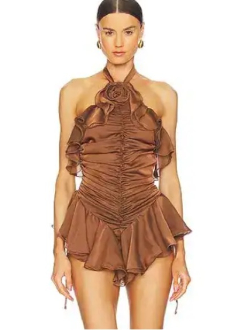 The Dolls House Fleur playsuit romper Ruched Brown sheer ruffle flaw Revolve M